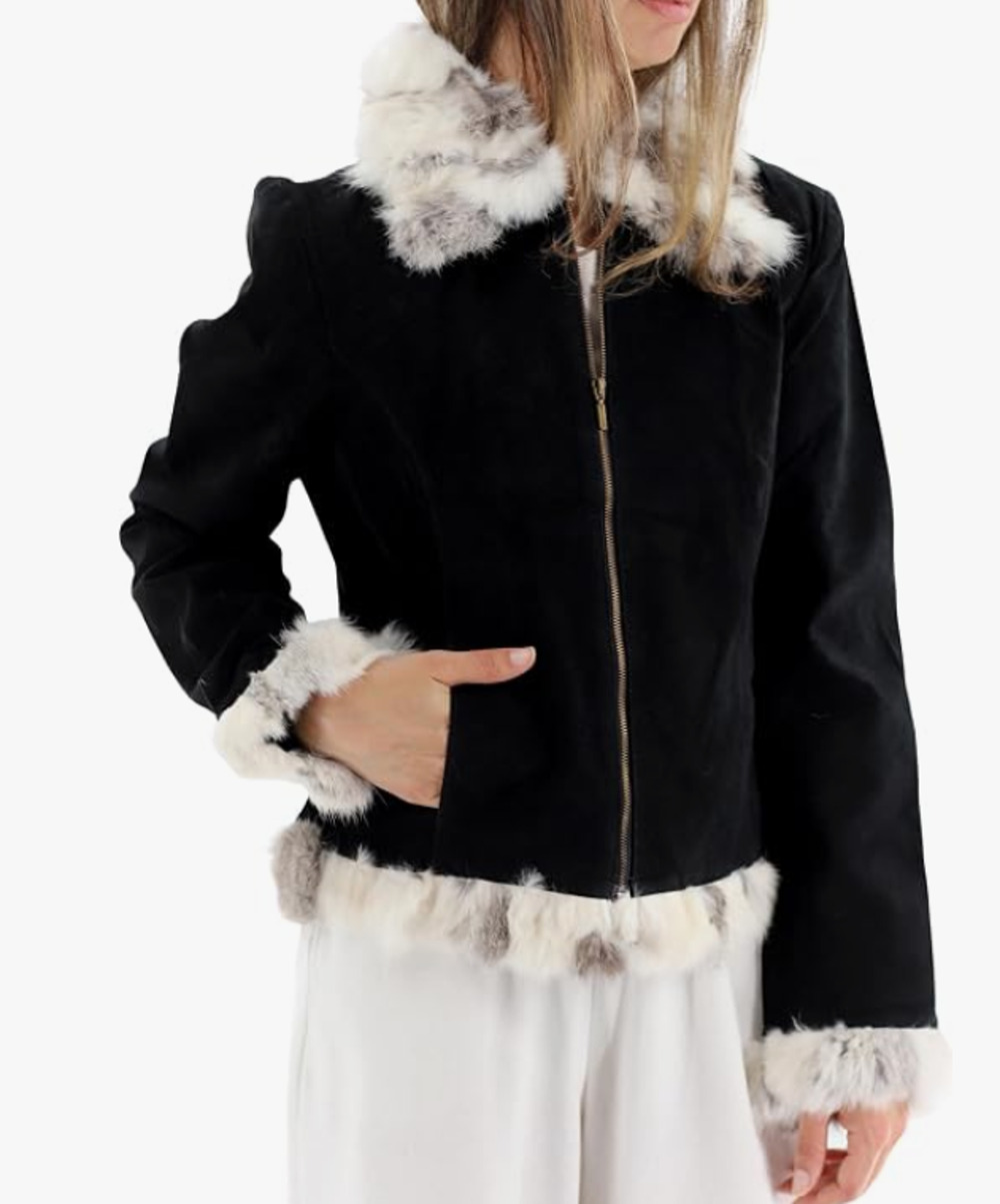 La Fiorentina Italy Black Suede Leather Rabbit Fur Trim Zip Jacket XL Old Money